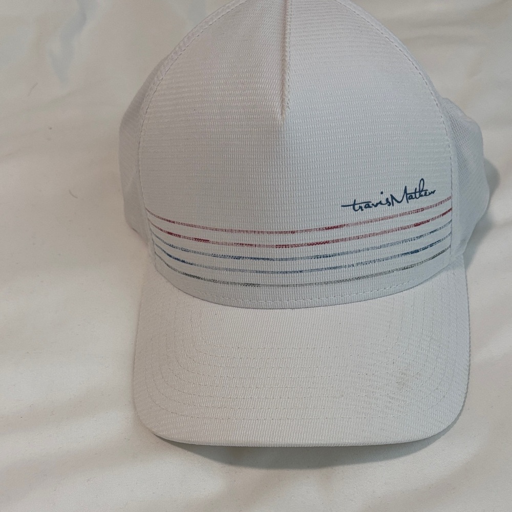 Travis Mathew White Hat with Red and Blue Stripes